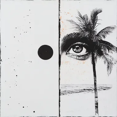white back ground a square with a dot inside , and . Out side the square is a dot with a palm tree , it represents a person being in a society box and one not being in the box and free