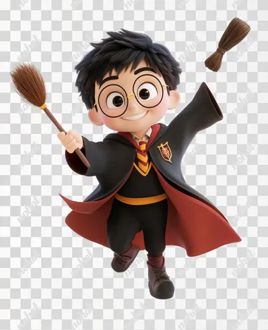 Harry Potter cartoon character holding magic wand and flying on broom, cute, 3D, white background