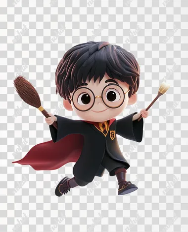 Harry Potter cartoon character holding magic wand and flying on broom, cute, 3D, white background