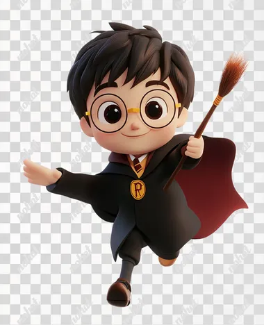 Harry Potter cartoon character holding magic wand and flying on broom, cute, 3D, white background