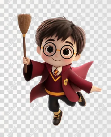 Harry Potter cartoon character holding magic wand and flying on broom, cute, 3D, white background