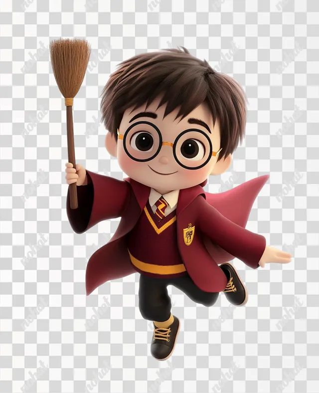 PNG Harry Potter cartoon character flying on broomstick in enchanted sky