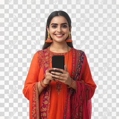 A indian smart woman, wearing a vibrant red and orange color salwar kameez, is holding a smartphone with a happy expression. She standing comfortably, white background, front facing, front view,
