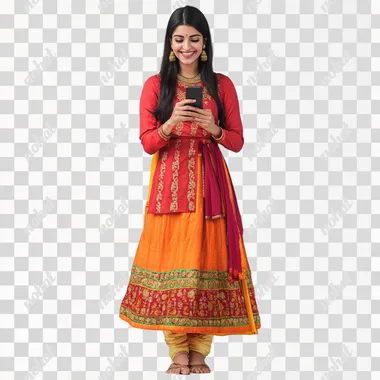 A indian smart woman, wearing a vibrant red and orange color salwar kameez, is holding a smartphone with a happy expression. She standing comfortably, white background, front facing, front view,