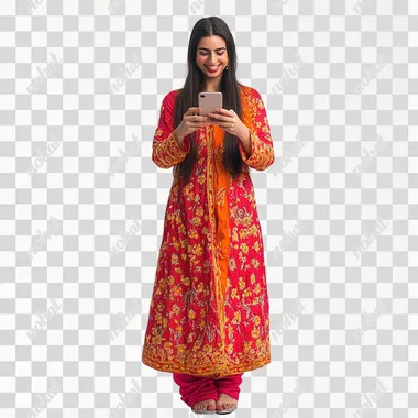 A indian smart woman, wearing a vibrant red and orange color salwar kameez, is holding a smartphone with a happy expression. She standing comfortably, white background, front facing, front view,