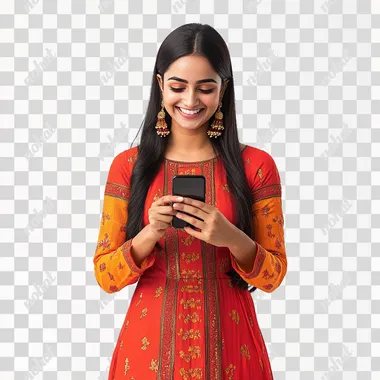 A indian smart woman, wearing a vibrant red and orange color salwar kameez, is holding a smartphone with a happy expression. She standing comfortably, white background, front facing, front view,