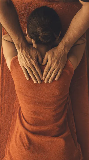birdseye view photo realistic picture of man s hands massaging back of a woman on a massage table. Stock photo style. Orange muted tones