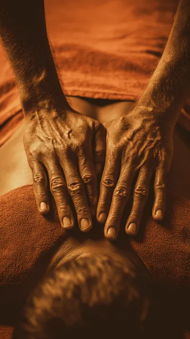 birdseye view photo realistic picture of man s hands massaging back of a woman on a massage table. Stock photo style. Orange muted tones