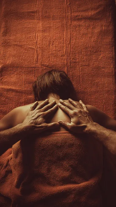 birdseye view photo realistic picture of man s hands massaging back of a woman on a massage table. Stock photo style. Orange muted tones