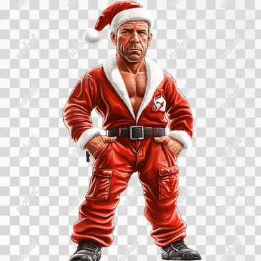 an animated cartoon image of Bruce Willis from die hard dressed up in a Santa suit that looks like a hip hop rapper on a white background