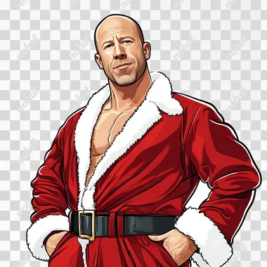 an animated cartoon image of Bruce Willis from die hard dressed up in a Santa suit that looks like a hip hop rapper on a white background