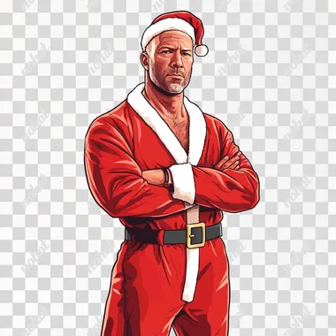 an animated cartoon image of Bruce Willis from die hard dressed up in a Santa suit that looks like a hip hop rapper on a white background
