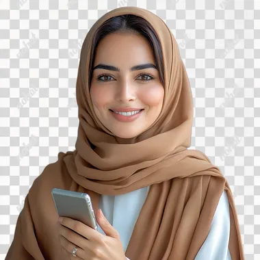 A saudi woman in her early thirties, smiling and holding a phone with one hand, wearing brown abaya, a white top. The photograph appears to be a professional studio shot, with studio lighting and a blue background, and was captured using a Sony A7S III camera at an aperture of f/5. The image is highly detailed and realistic --s 250