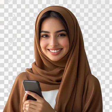 A saudi woman in her early thirties, smiling and holding a phone with one hand, wearing brown abaya, a white top. The photograph appears to be a professional studio shot, with studio lighting and a blue background, and was captured using a Sony A7S III camera at an aperture of f/5. The image is highly detailed and realistic --s 250