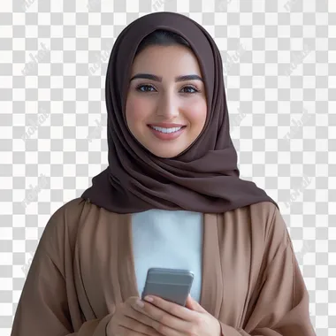 A saudi woman in her early thirties, smiling and holding a phone with one hand, wearing brown abaya, a white top. The photograph appears to be a professional studio shot, with studio lighting and a blue background, and was captured using a Sony A7S III camera at an aperture of f/5. The image is highly detailed and realistic --s 250
