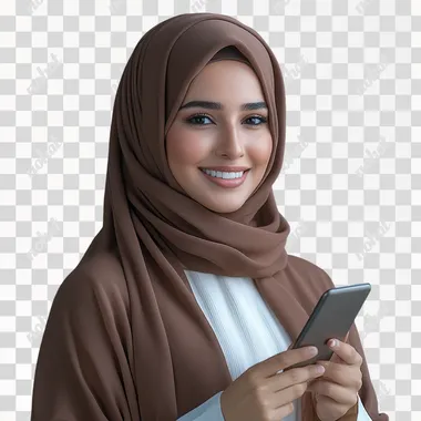 A saudi woman in her early thirties, smiling and holding a phone with one hand, wearing brown abaya, a white top. The photograph appears to be a professional studio shot, with studio lighting and a blue background, and was captured using a Sony A7S III camera at an aperture of f/5. The image is highly detailed and realistic --s 250