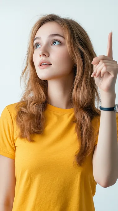 photography of an attractive woman pointing her finger at the right side on white background and yellow t-shirt