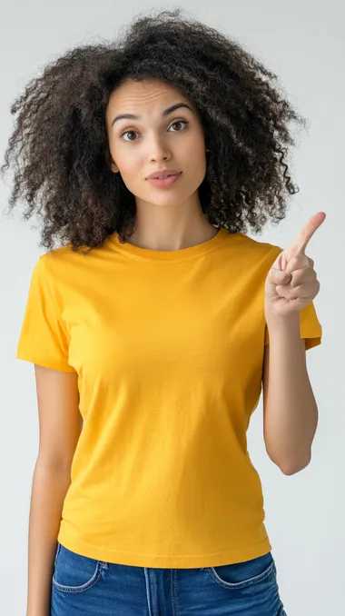 photography of an attractive woman pointing her finger at the right side on white background and yellow t-shirt