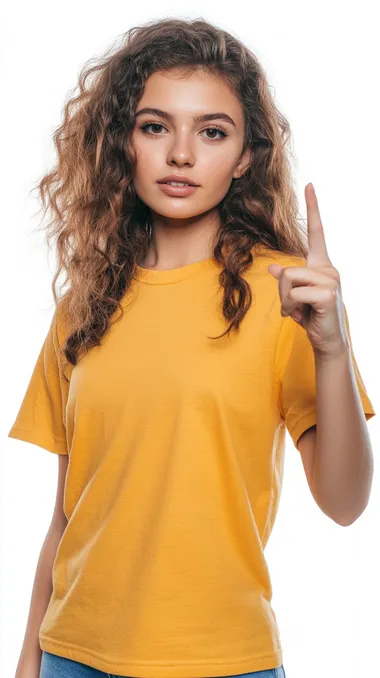 photography of an attractive woman pointing her finger at the right side on white background and yellow t-shirt