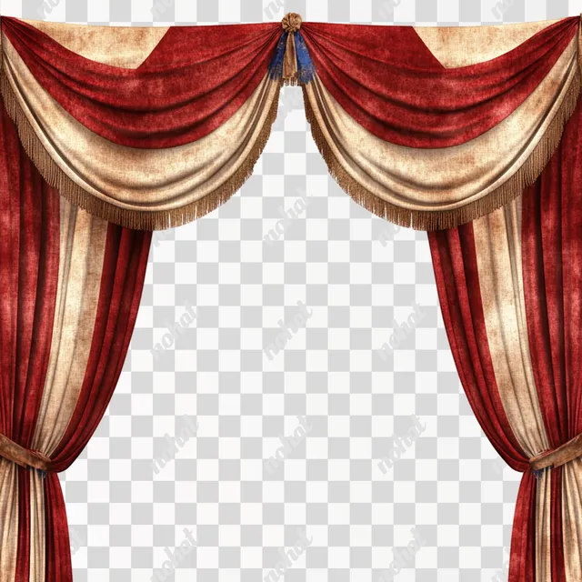 a red and beige curtain with a PNG transparent background