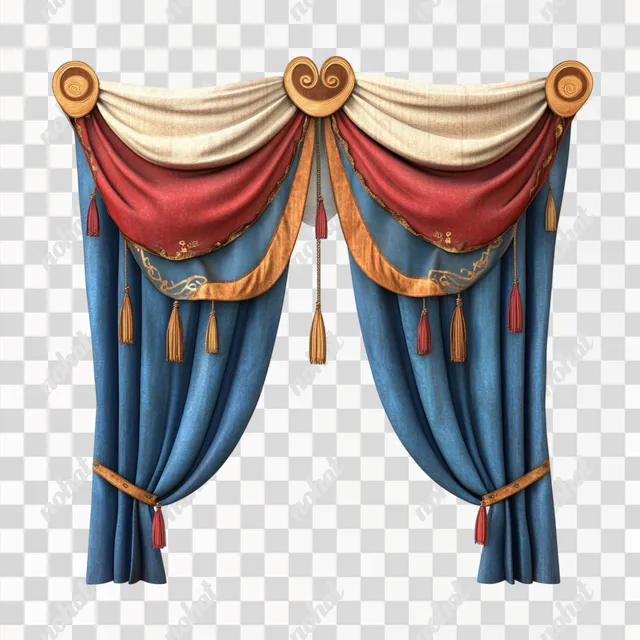 a blue curtain with gold trim and a red curtain