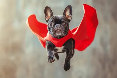 A small dog in a superhero cape, soaring through the air with paws outstretched, captured in soft studio light , UHD image