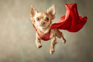 A small dog in a superhero cape, soaring through the air with paws outstretched, captured in soft studio light , UHD image