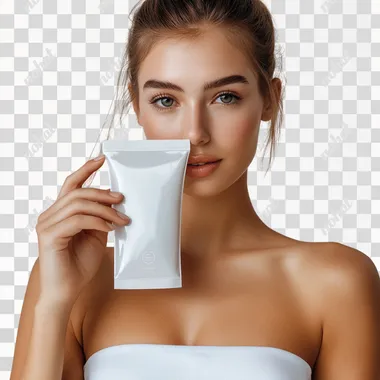 A realistic image of a young woman holding a doypack pouch with a cap. The woman has a natural pose, gently gripping the pouch with one hand. The pouch is modern, sleek, and detailed, with visible branding and textures. The background is clean and minimalistic, white or neutral, with soft and natural lighting for a photorealistic effect.