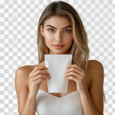 A realistic image of a young woman holding a doypack pouch with a cap. The woman has a natural pose, gently gripping the pouch with one hand. The pouch is modern, sleek, and detailed, with visible branding and textures. The background is clean and minimalistic, white or neutral, with soft and natural lighting for a photorealistic effect.