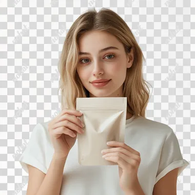 A realistic image of a young woman holding a doypack pouch with a cap. The woman has a natural pose, gently gripping the pouch with one hand. The pouch is modern, sleek, and detailed, with visible branding and textures. The background is clean and minimalistic, white or neutral, with soft and natural lighting for a photorealistic effect.