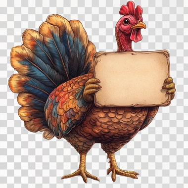 cute and adorable whimisical full body turkey cutout, full body, holding a massive sign big enough to write an invitation --s 250