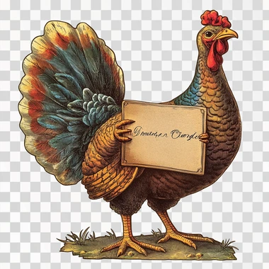 cute and adorable whimisical full body turkey cutout, full body, holding a massive sign big enough to write an invitation --s 250