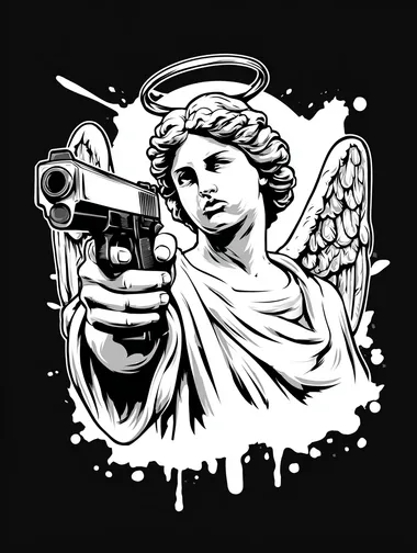 t-shirt design on white blackground, Graffiti art style with angel holding a hand gun, flat ilustration style   rofile bdwyaop