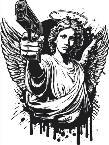 t-shirt design on white blackground, Graffiti art style with angel holding a hand gun, flat ilustration style   rofile bdwyaop
