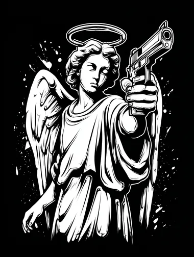 t-shirt design on white blackground, Graffiti art style with angel holding a hand gun, flat ilustration style   rofile bdwyaop
