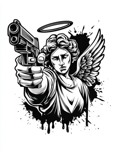 t-shirt design on white blackground, Graffiti art style with angel holding a hand gun, flat ilustration style   rofile bdwyaop