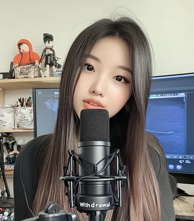 A cute Korean girl with long, straight hair is streaming on Twitch. She has her face close to the camera and is talking into an empty black microphone that's sitting in front of her. There are some trendy home decorations, like figurines, behind her. Her say "Withdrawal".