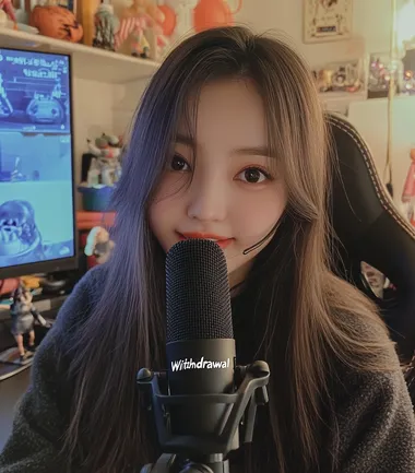 A cute Korean girl with long, straight hair is streaming on Twitch. She has her face close to the camera and is talking into an empty black microphone that's sitting in front of her. There are some trendy home decorations, like figurines, behind her. Her say "Withdrawal".