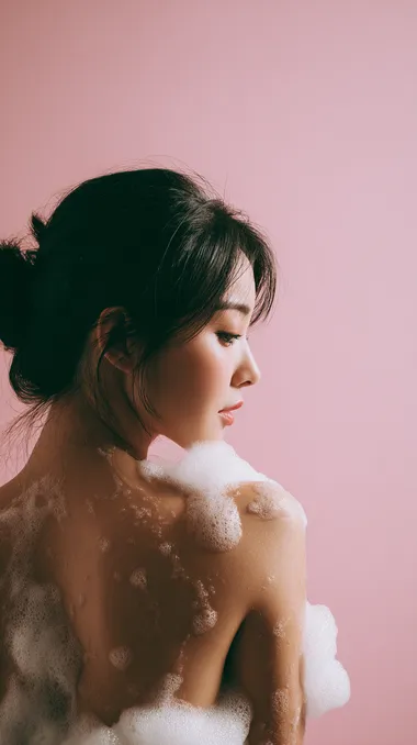 "The Asian model's white shoulder and back close-up beauty photography uses delicate and natural white foam to smear on the skin at random. In some places, the foam is thick and in some places, there is no foam. High contrast light and soft shadows, super clean composition, natural and soft pictures, soft light pink and light white gradual background, portrait photography style, unique portrait lens language