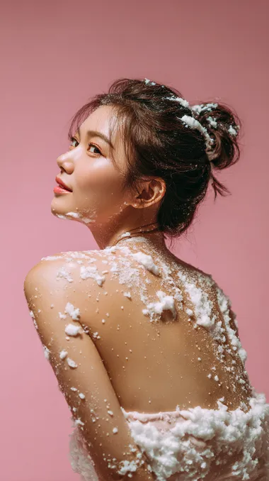 "The Asian model's white shoulder and back close-up beauty photography uses delicate and natural white foam to smear on the skin at random. In some places, the foam is thick and in some places, there is no foam. High contrast light and soft shadows, super clean composition, natural and soft pictures, soft light pink and light white gradual background, portrait photography style, unique portrait lens language