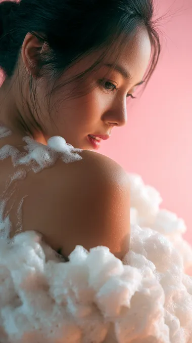 "The Asian model's white shoulder and back close-up beauty photography uses delicate and natural white foam to smear on the skin at random. In some places, the foam is thick and in some places, there is no foam. High contrast light and soft shadows, super clean composition, natural and soft pictures, soft light pink and light white gradual background, portrait photography style, unique portrait lens language