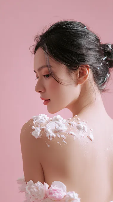 "The Asian model's white shoulder and back close-up beauty photography uses delicate and natural white foam to smear on the skin at random. In some places, the foam is thick and in some places, there is no foam. High contrast light and soft shadows, super clean composition, natural and soft pictures, soft light pink and light white gradual background, portrait photography style, unique portrait lens language