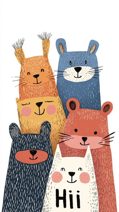 Cute cartoon characters with animal-like features, stacked on top of each other in different poses and expressions, against a white background, with "Hi" written in the bottom right corner. The design is colorful and playful, with simple lines and soft colors, in the style of a hand-drawn illustration. Uitro HD Picture High Detoil Fine detoils   rofile ekq4gpa