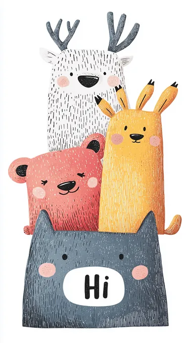 Cute cartoon characters with animal-like features, stacked on top of each other in different poses and expressions, against a white background, with "Hi" written in the bottom right corner. The design is colorful and playful, with simple lines and soft colors, in the style of a hand-drawn illustration. Uitro HD Picture High Detoil Fine detoils   rofile ekq4gpa