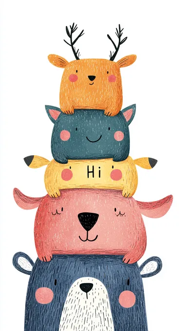 Cute cartoon characters with animal-like features, stacked on top of each other in different poses and expressions, against a white background, with "Hi" written in the bottom right corner. The design is colorful and playful, with simple lines and soft colors, in the style of a hand-drawn illustration. Uitro HD Picture High Detoil Fine detoils   rofile ekq4gpa