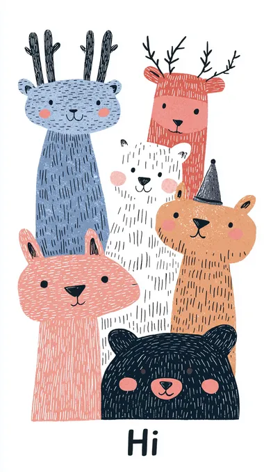 Cute cartoon characters with animal-like features, stacked on top of each other in different poses and expressions, against a white background, with "Hi" written in the bottom right corner. The design is colorful and playful, with simple lines and soft colors, in the style of a hand-drawn illustration. Uitro HD Picture High Detoil Fine detoils   rofile ekq4gpa