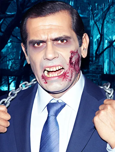surreal fanstasy image of a zombie dragging a ball and chain attached to his neck   --raw