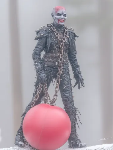 surreal fanstasy image of a zombie dragging a ball and chain attached to his neck   --raw