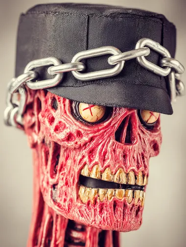 surreal fanstasy image of a zombie dragging a ball and chain attached to his neck   --raw
