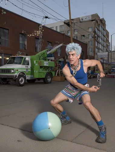 surreal fanstasy image of a zombie dragging a ball and chain attached to his neck   --raw